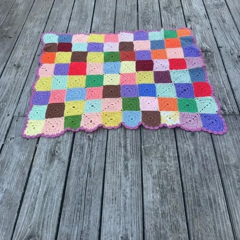 Handmade Crochet Acrylic Granny Squares‎ Blue/Red/Yellow Afghan Blanket 27